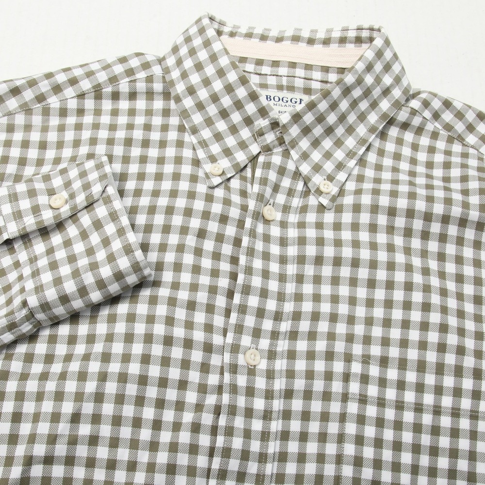 Boggi Milano Button Down Shirt Mens M Olive Green Gingham Check Long Sleeve